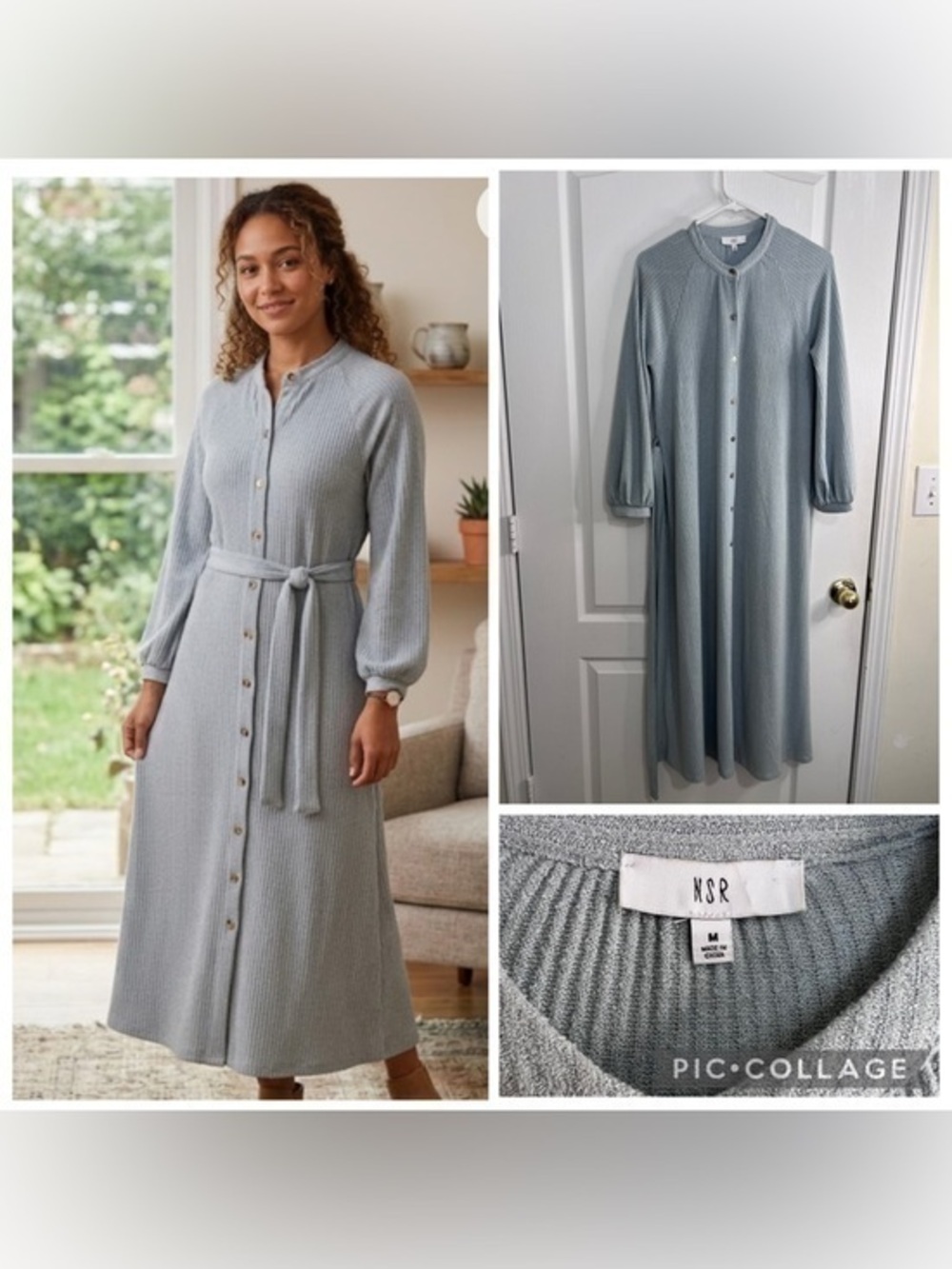 NSR Women's Light blue Ribbed Button-Front Midi Dress with Tie Belt size M